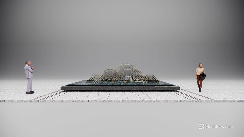 Curved Wave Like Metal Sculpture With Water Basin On Stone Ground 3d model 
