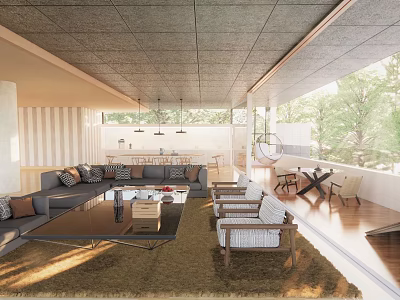 Modern Villa Balcony With Comfortable Sofa Chairs And Natural Tree Landscape 3d model