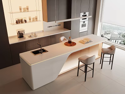Modern Kitchen White Bar Counter With Sink Stools Dark Cabinets Window View 3d model