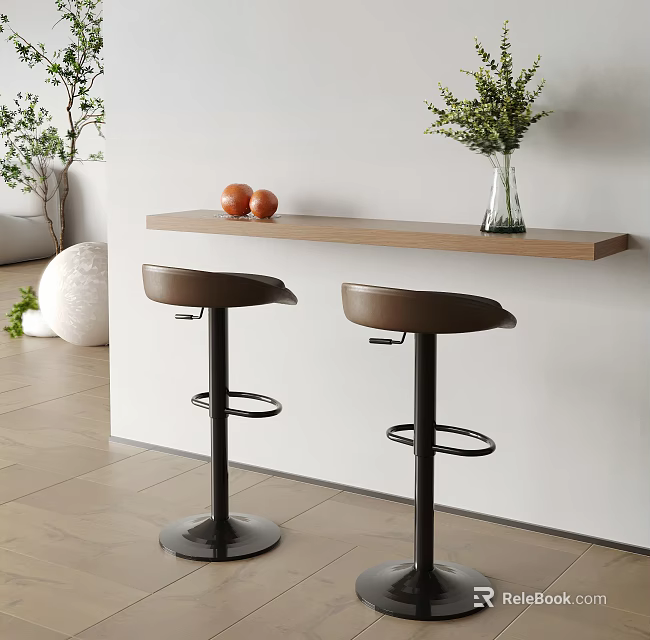 Wooden Bar Counter With Two Brown Bar Stools Decorated Oranges Green Plant Vase Light Wall 3d model 