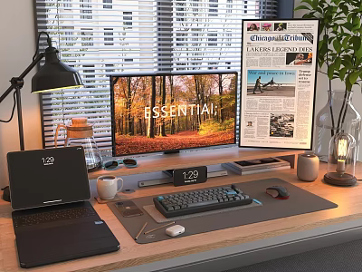 Modern Office Desk Setup With Desktop Monitor Laptop Keyboard And Mouse 3d model