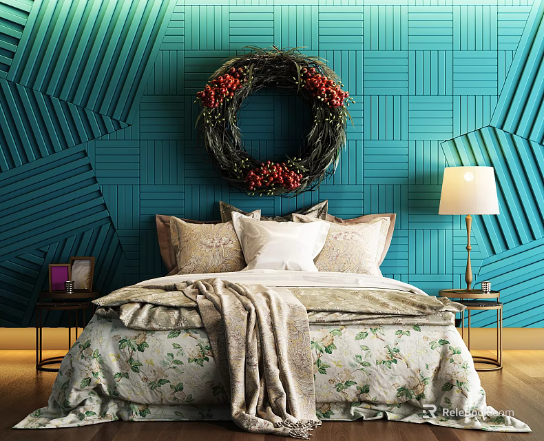 Double Bed in Teal Geometric Striped Room with Floral Bedspread Wreath and Table Lamp 3d model 