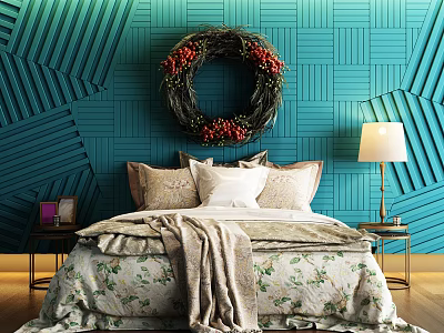Double Bed in Teal Geometric Striped Room with Floral Bedspread Wreath and Table Lamp 3d model