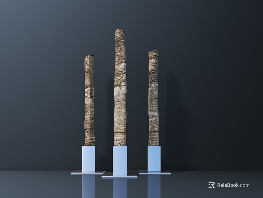 Carved Columnar Sculptures With Wooden Texture Standing On White Pedestals Dark Background 3d model 