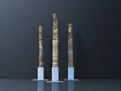 Carved Columnar Sculptures With Wooden Texture Standing On White Pedestals Dark Background 3d model