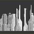 Transparent And White Architectural Models With Various Shapes On Black Reflective Surface And Grey Background 3d model