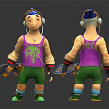 Cartoon Characters Wearing Headphones Purple Tank Tops Green Shorts Holding Skateboards Front Back Views