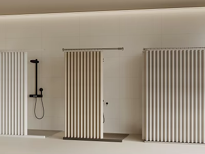 Modern Vertical Stripe Curtains In Bathroom With White Tile Wall And Shower Fixture 3d model
