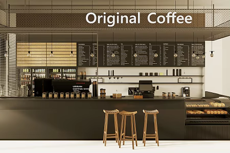 Industrial style cafe console milk tea shop workbench restaurant water bar coffee shop workbench cashier front desk bar stool coffee machine coffee grinder 3d model