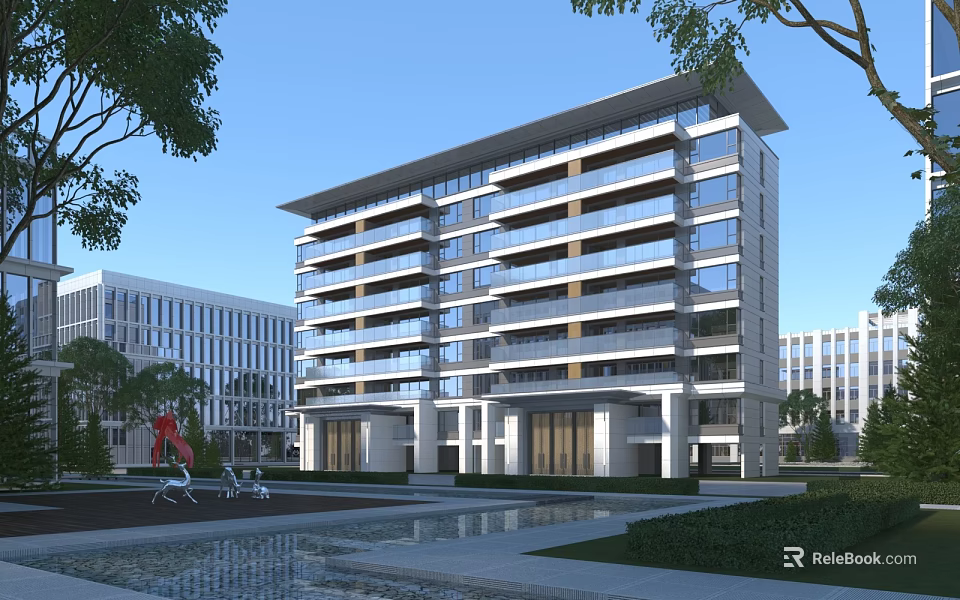 Modern School Building With Multi Story Glass Curtain Walls Courtyard Greenery And Water Feature 3d model 