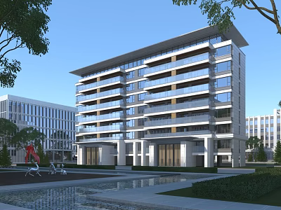 Modern School Building With Multi Story Glass Curtain Walls Courtyard Greenery And Water Feature 3d model