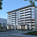 Modern School Building With Multi Story Glass Curtain Walls Courtyard Greenery And Water Feature