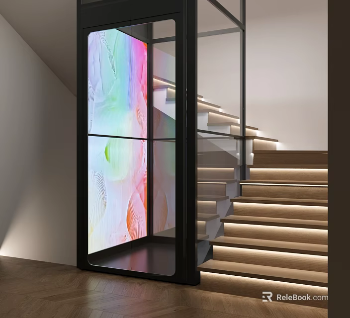 Modern Glass Elevator Beside Staircase With Illuminated Steps And Art 3d model