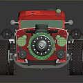 Red Vintage Mechanical Car With Tracks Large Tires And Green Circular Parts