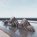 Wave Like Metal Sculptures In Pool With Reflection Against Blue Sky