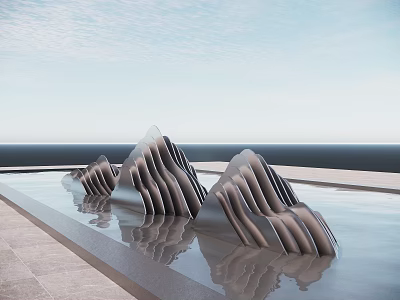 Wave Like Metal Sculptures In Pool With Reflection Against Blue Sky 3d model