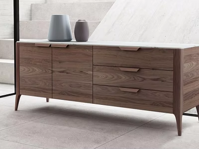 Modern Wooden Entryway Console Cabinet With Drawers Doors And Decorative Vases 3d model