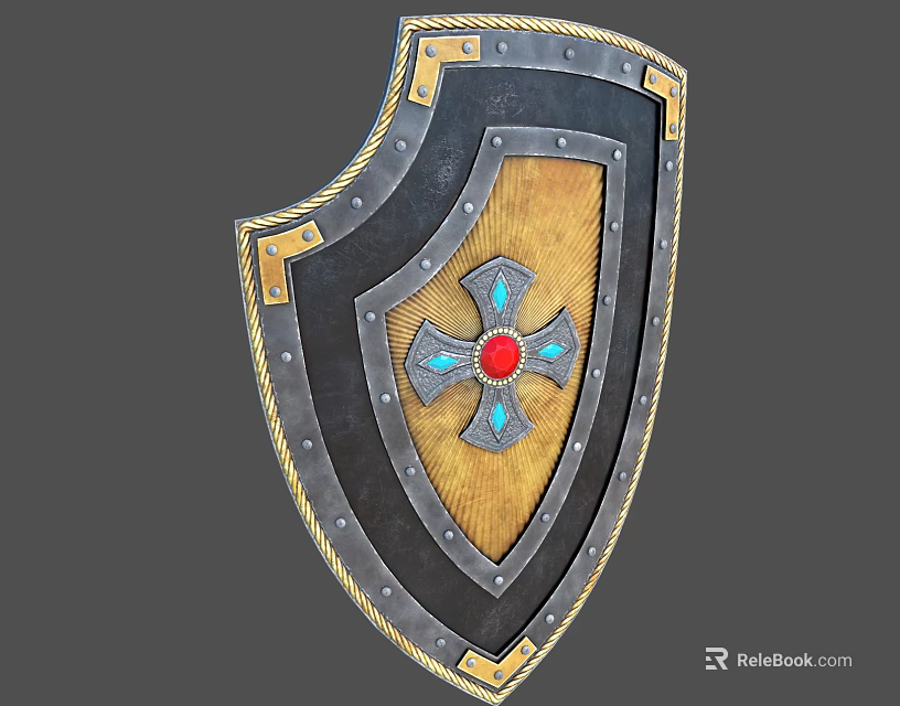 Medieval Metal Shield With Gold Edges Cross Design Red Central Gem And Blue Accents 3d model 