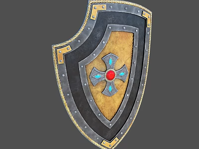 Medieval Metal Shield With Gold Edges Cross Design Red Central Gem And Blue Accents 3d model