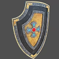 Medieval Metal Shield With Gold Edges Cross Design Red Central Gem And Blue Accents