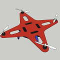 Red Drone Flying in Blue Sky With Four Propellers and Blue Bottom Parts