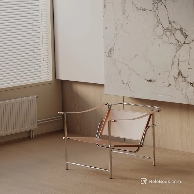 Minimalist Dining Chair With Metal Frame And Leather Seat Against Wooden Wall And Marble Painting 3d model 