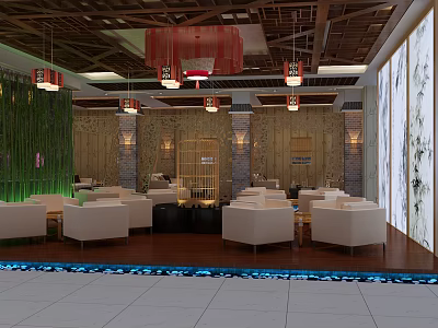 Chinese Style Restaurant Interior With Wooden Ceiling Red Pendant Lights And Beige Sofas 3d model