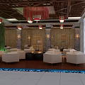 Chinese Style Restaurant Interior With Wooden Ceiling Red Pendant Lights And Beige Sofas