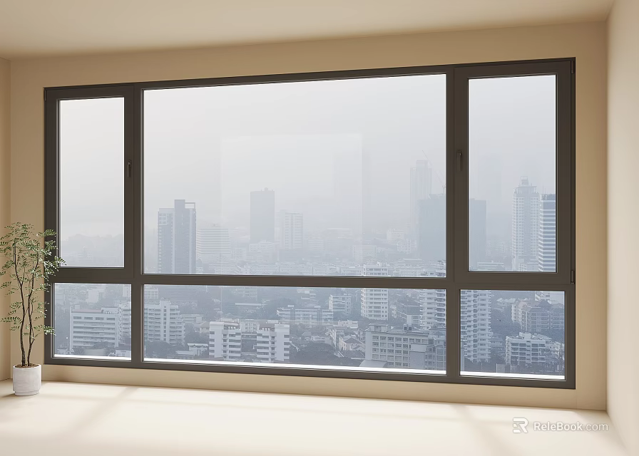 Large Modern Casement Window With Clear City Skyline View In Bright Room 3d model 