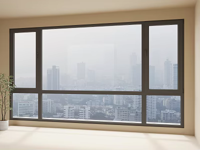 Large Modern Casement Window With Clear City Skyline View In Bright Room 3d model