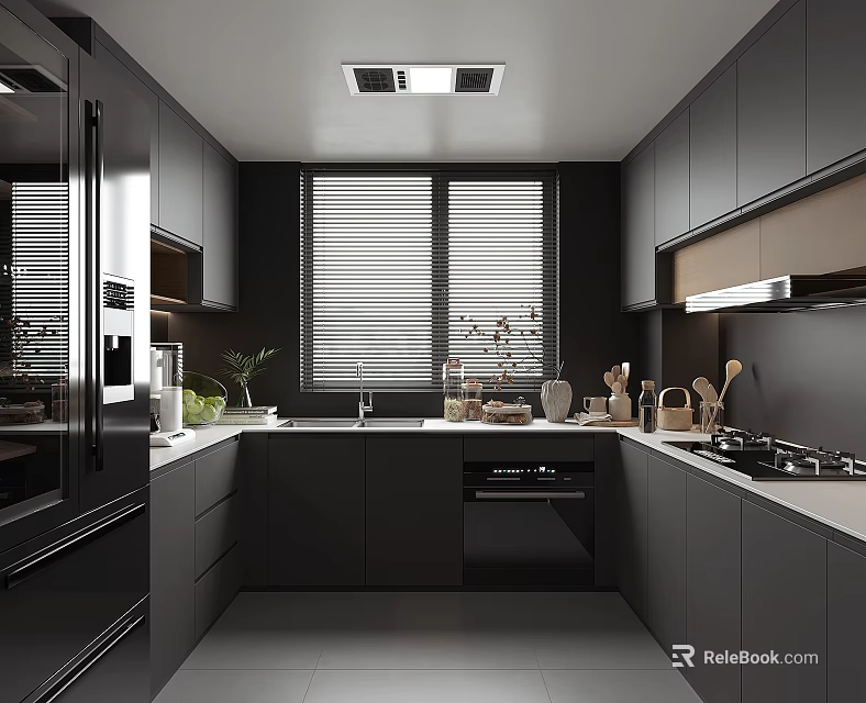 Modern Kitchen Interior With Dark Cabinets Windows Blinds Countertop And Appliances 3d model