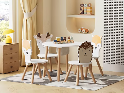 Kids Table With Four Animal Shaped Chairs And Toys In Cozy Children Room 3d model