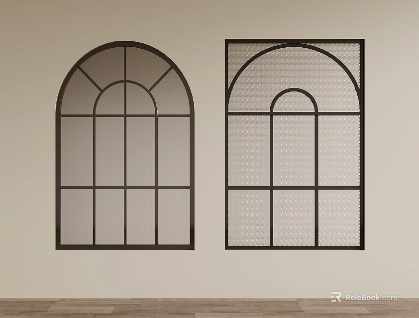 Casement Windows Arched And Square Designs Black Frames Grid Patterns Light Wall Wooden Floor 3d model 