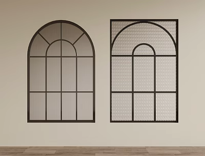 Casement Windows Arched And Square Designs Black Frames Grid Patterns Light Wall Wooden Floor 3d model
