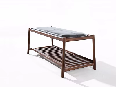 Stylish Wooden Sofa Bench With Gray Cushion And Storage Shelf For Living Room 3d model