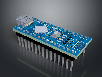Blue Electronic PCB Circuit Board With Integrated Chips Pins And Connectors 3d model