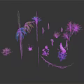 Various Colorful Plants With Blue Purple Pink Flowers And Green Leaves Against Dark Background