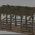 Rustic Wooden Shelter With Moss Covered Roof Wooden Posts Railings And Earthen Ground