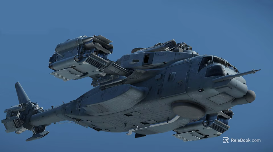 Heavy Duty Military Transport Helicopter With Mounted Equipment Flying In Blue Sky 3d model 