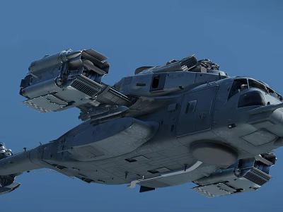Heavy Duty Military Transport Helicopter With Mounted Equipment Flying In Blue Sky 3d model