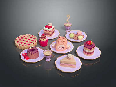 Delicate Colorful Dessert Assortment With Strawberries Cream Macarons And Purple Plates 3d model