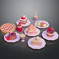 Delicate Colorful Dessert Assortment With Strawberries Cream Macarons And Purple Plates