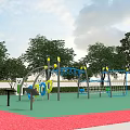 Outdoor Playground Equipment With Soccer Shaped Climbing Structures Colorful Slides Green Flooring And Trees