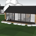 Modern Detached Villa With Black Tiled Roof Large Glass Windows Green Lawn And Trees