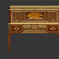 Antique Roll Top Writing Desk with Ornate Gold Red Inlay Carvings Classic Wooden Decorative Details