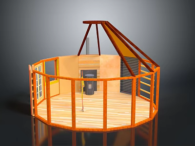 Circular Wooden Building With Open Interior Fireplace Sloped Roof And Railing 3d model