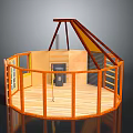 Circular Wooden Building With Open Interior Fireplace Sloped Roof And Railing