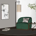 Elegant Green Upholstered Single Sofa with Side Table and Bamboo Painting in Cozy Living Room