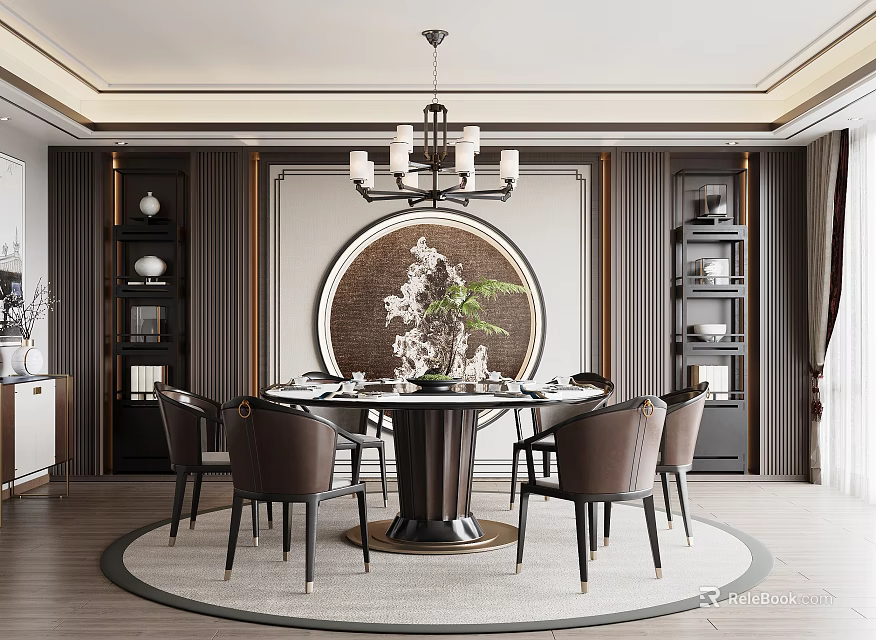 Elegant Restaurant Interior Featuring Round Dining Table Brown Chairs Circular Wall Decor And Chandelier 3d model