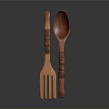 Sculpted Carved Wooden Spoon And Fork With Intricate Handle Patterns